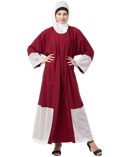 Women Bottom and Sleeve Embroidered Fabric With Extra Jacket at Front Abaya Maroon